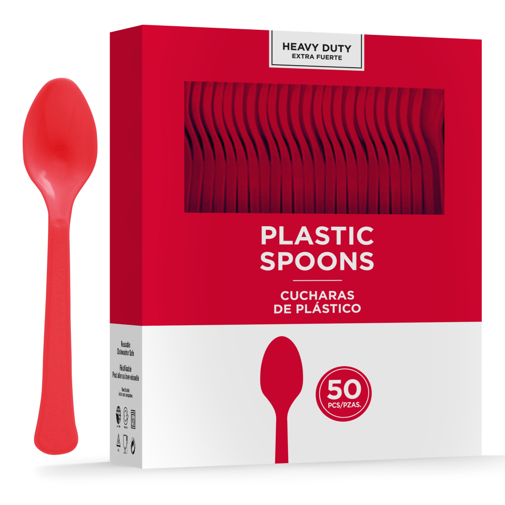 Amscan 8018 Solid Heavyweight Plastic Spoons, Apple Red, 50 Spoons Per Pack, Case Of 3 Packs