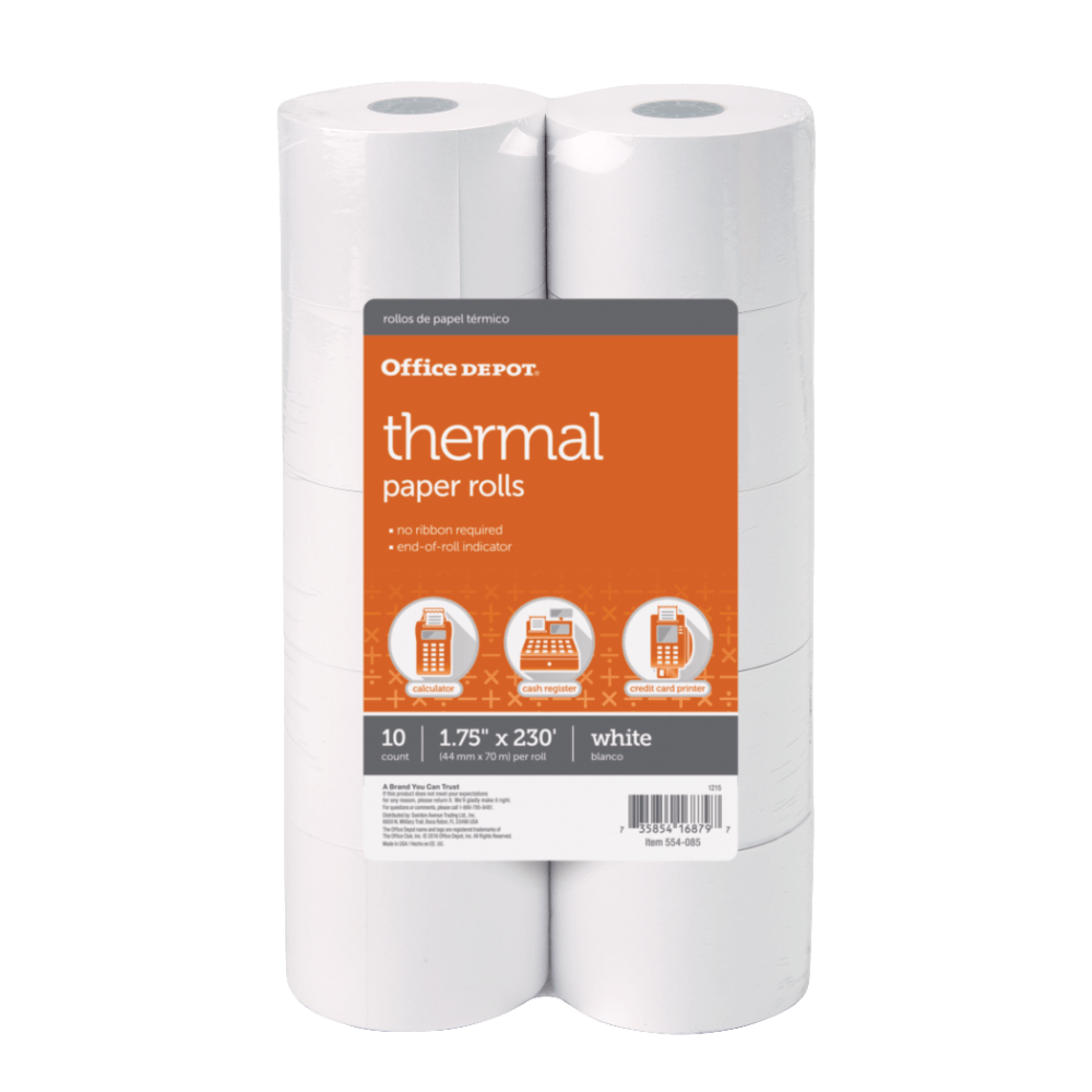 Office Depot Brand Thermal Paper Rolls, 1-3/4in x 230ft, White, Pack Of 10