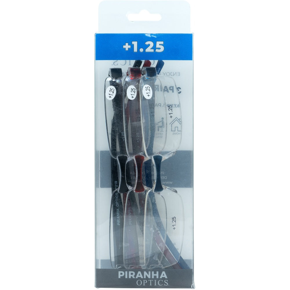 Piranha Unisex Tri-Pack Readers, Black/Red/Blue, +1.25, 3 Readers Per Pack, Case Of 60 Packs