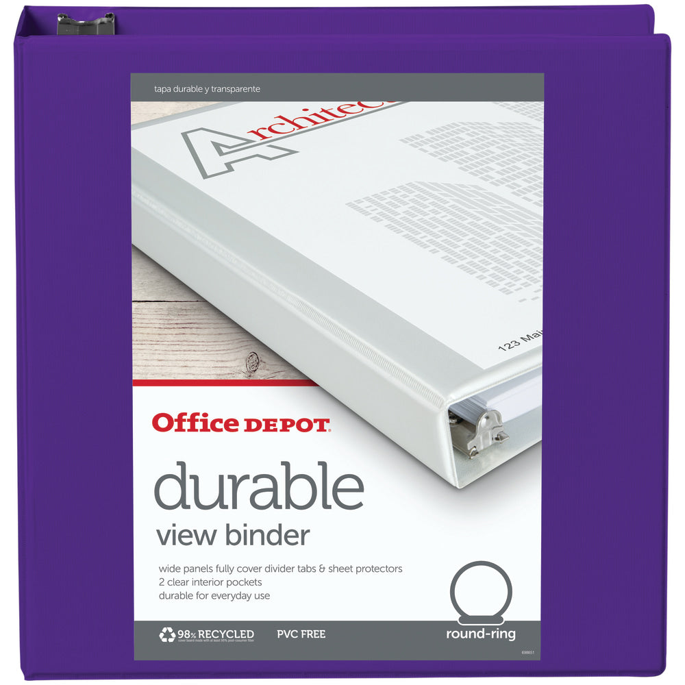 Office Depot Brand Durable View 3-Ring Binder, 2in Round Rings, Purple