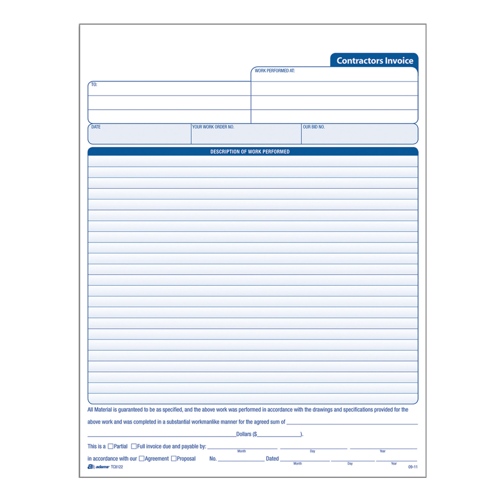 Adams Carbonless Contractors Invoices, 3-Part, 50 Sets