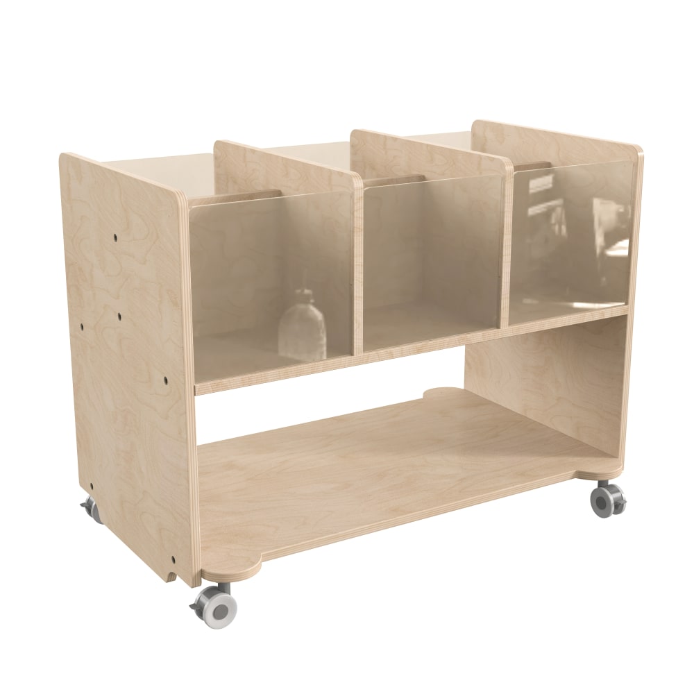 Flash Furniture Bright Beginnings Commercial Double-Sided Space Saving Wooden Mobile Storage Cart With Locking Casters, 24-1/2inH x 31-1/2inW x 19-3/4inD, Beech