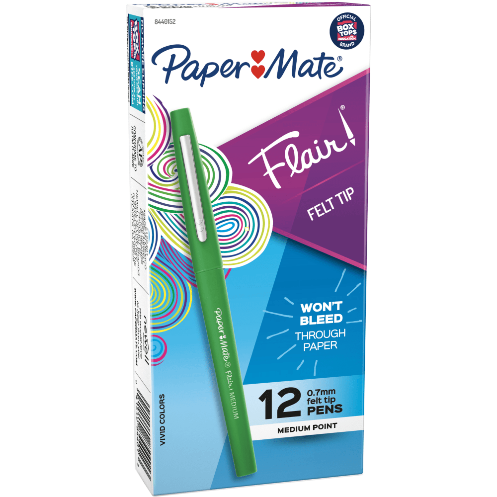 Paper Mate Flair Porous-Point Pens, Medium Point, 0.7 mm, Green Barrel, Green Ink, Pack Of 12