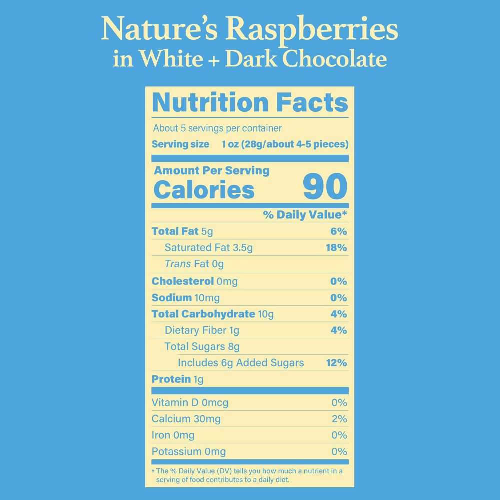 Tru Fru Natures Raspberries Frozen Fresh In White & Dark Chocolate, 5 Oz, Pack Of 8 Cartons