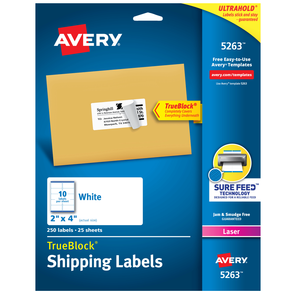 Avery TrueBlock Shipping Labels With Sure Feed Technology, 5263, Rectangle, 2in x 4in, White, Pack Of 250