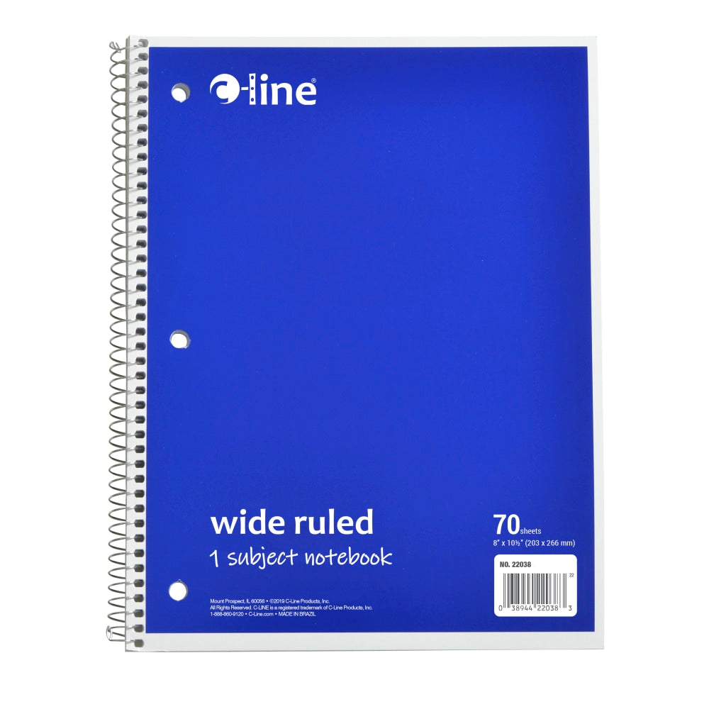 C-Line Wide Rule Spiral Notebooks, 8in x 10-1/2in, 1 Subject, 70 Sheets, Blue, Case Of 24 Notebooks