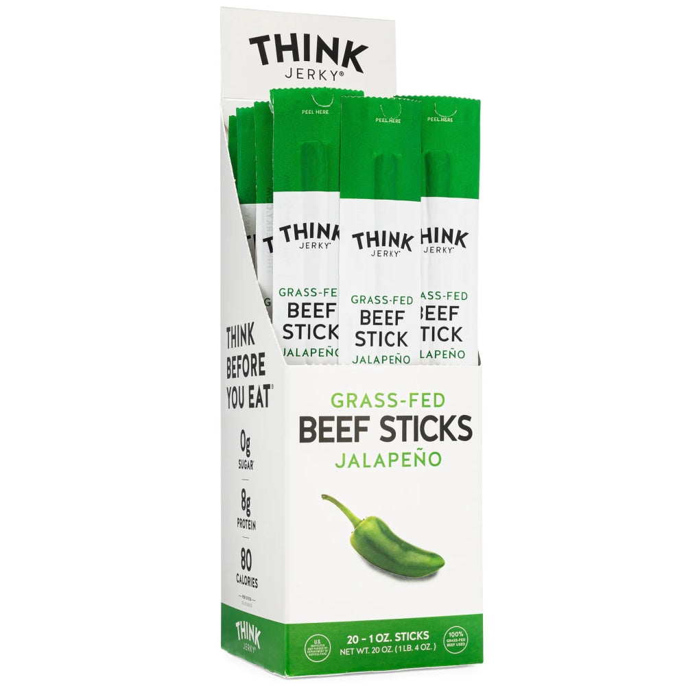 Think Jerky Jalapeno 100% Grass-Fed Beef Sticks, 1 Oz, Box Of 20 Sticks