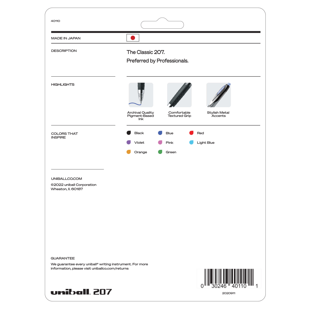 uni-ball 207 Retractable Fraud Prevention Gel Pens, Medium Point, 0.7 mm, Black Barrels, Assorted Ink Colors, Pack Of 8