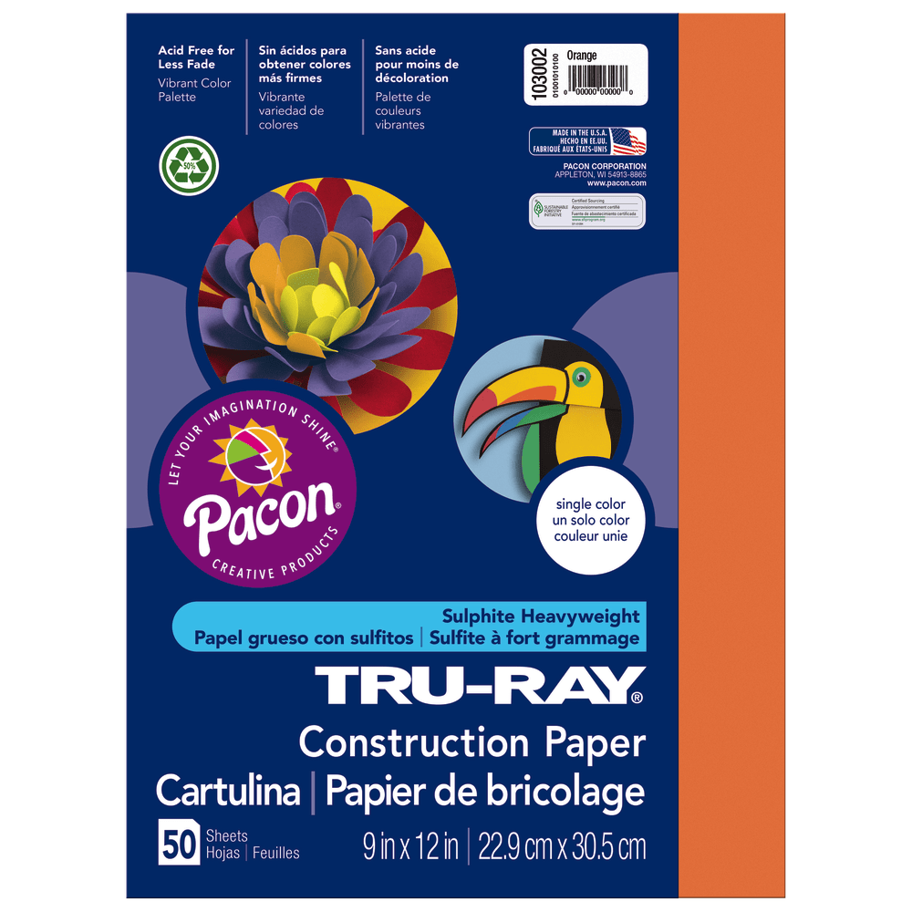 Tru-Ray Construction Paper, 50% Recycled, 9in x 12in, Orange, Pack Of 50