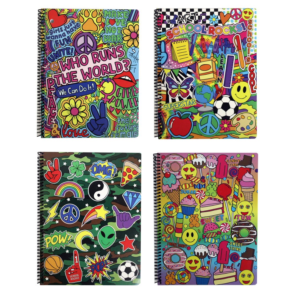 Inkology Corey Paige Notebooks, 8-1/2in x 11in, College Ruled, 140 Pages (70 Sheets), Assorted Designs, Pack Of 12 Notebooks