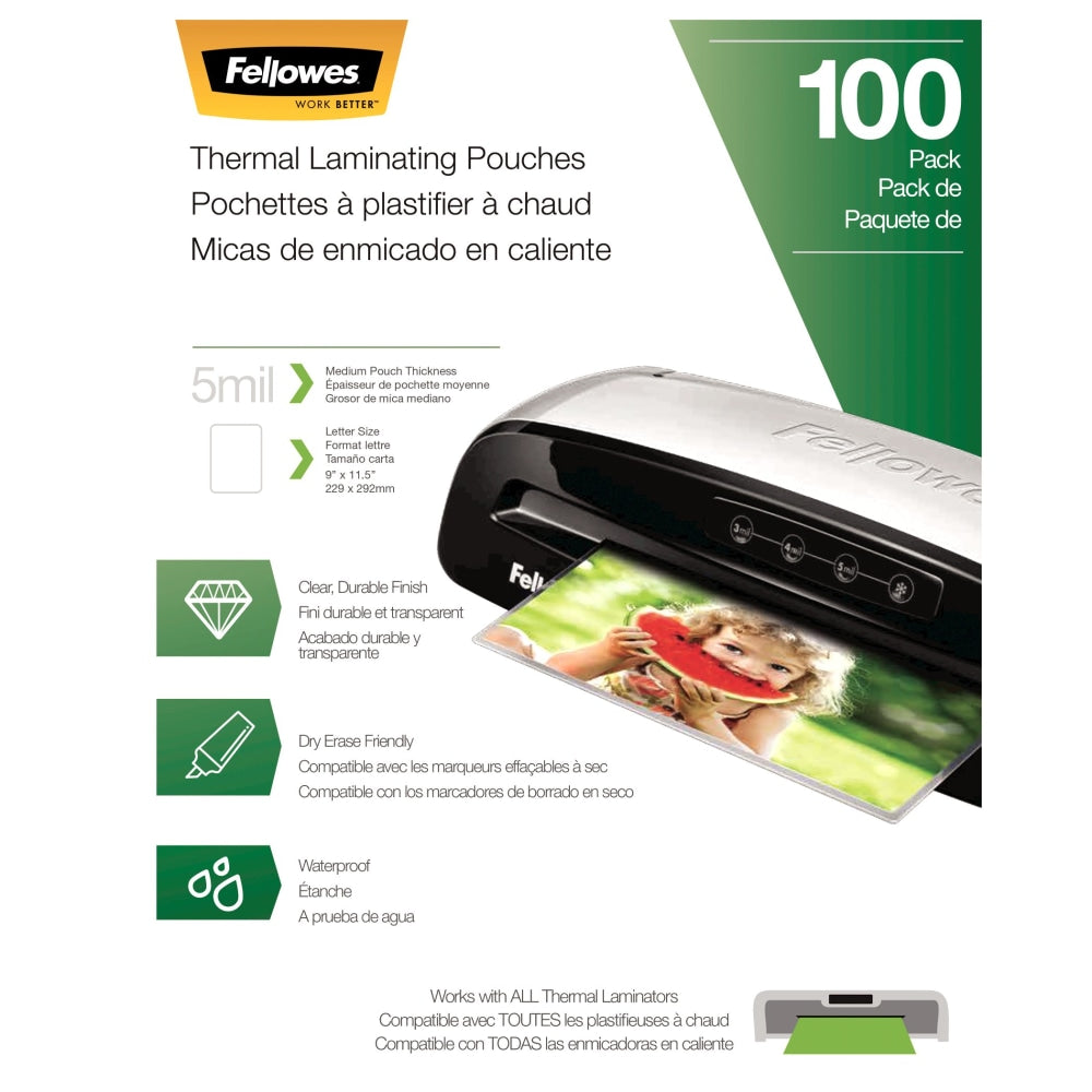 Fellowes Thermal Laminating Pouches, Letter, 5 mil, 11 1/2in x 9in, Clear, Pack Of 100