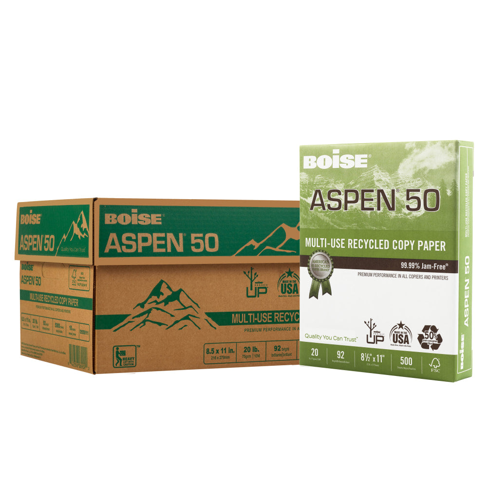 Boise ASPEN 50 Multi-Use Printer & Copy Paper, White, Letter (8.5in x 11in), 200000 Sheets Per Pallet, 20 Lb, 92 Brightness, 50% Recycled, FSC Certified, Case Of 10 Reams