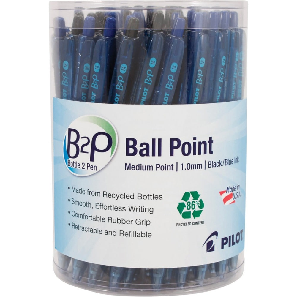 B2P Ballpoint Retractable Pens, Box Of 36, Medium Point, Black/Blue Barrel, Black/Blue Ink