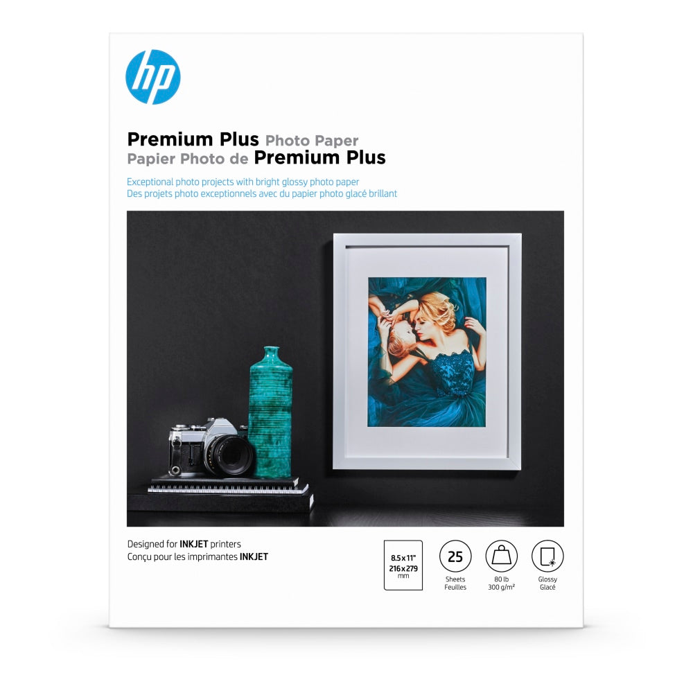 HP Premium Plus Photo Paper for Inkjet Printers, Glossy, Letter Size (8 1/2in x 11in), 80 Lb., Pack Of 25 Sheets (CR670A)