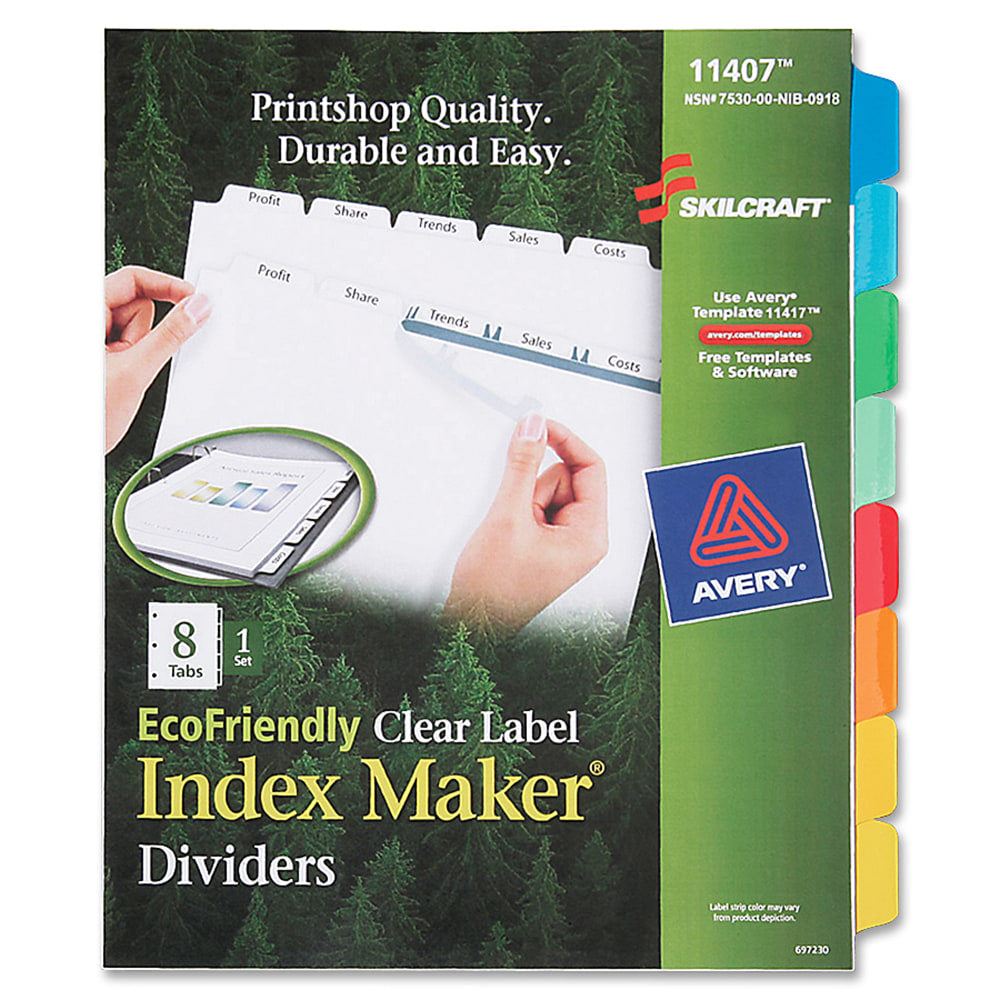 SKILCRAFT Index Maker Clear Label Dividers With White Tabs, 8-Tab (AbilityOne7530-01-600-6978)