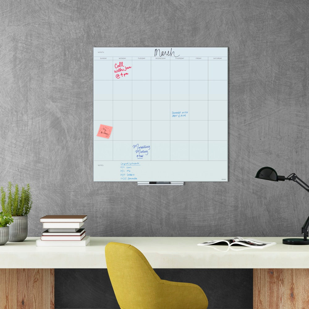 U Brands Frameless Floating Non-Magnetic Glass Dry-Erase Monthly Calendar Board, 36in X 36in, Frosted White (Actual Size 35in x 35in)