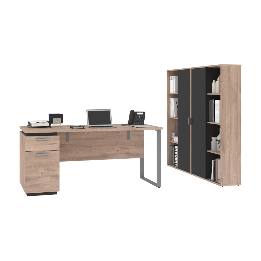 Bestar Aquarius 66inW Computer Desk With Single Pedestal And 2 Storage Cabinets, Rustic Brown/Graphite