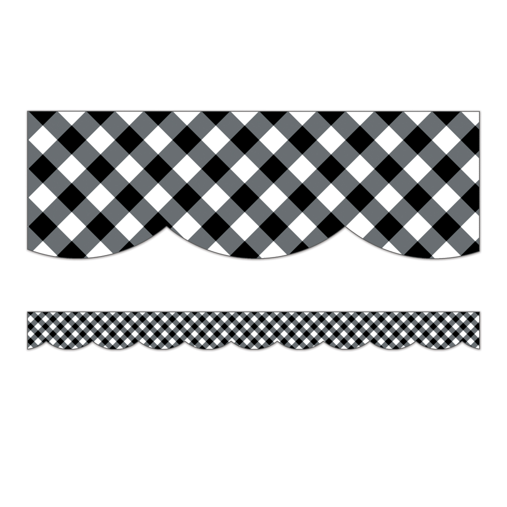 Schoolgirl Style Scalloped Bulletin Board Borders, 3ft x 3in, Woodland Whimsy Black & White Gingham, 13 Strips