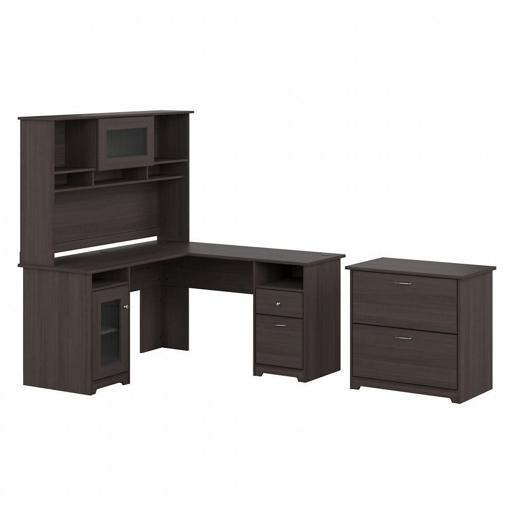 Bush Business Furniture Cabot 60inW L-Shaped Corner Desk With Hutch And Lateral File Cabinet, Heather Gray, Standard Delivery