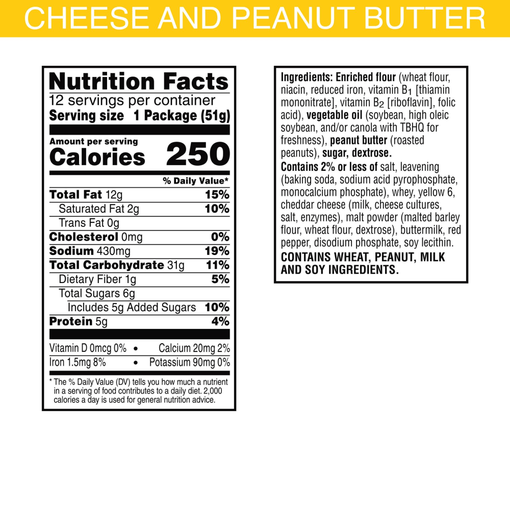 Keebler Sandwich Crackers, Single Serve Snack Crackers, Office and Kids Snacks, Big Snack Pack, Cheese and Peanut Butter, 21.6oz Tray (12 Packs)