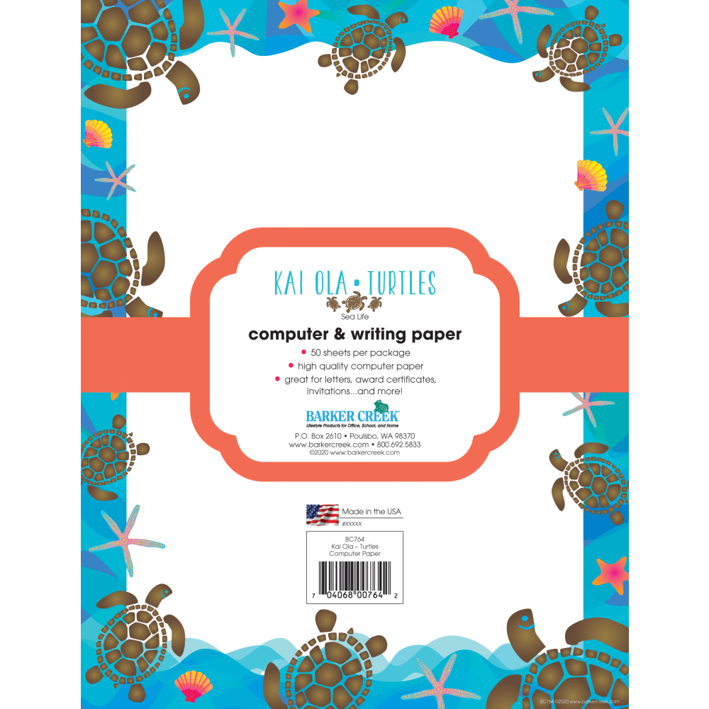 Barker Creek Designer Computer Paper, 8-1/2in x 11in, Kai Ola Sea Turtles, Pack Of 50 Sheets