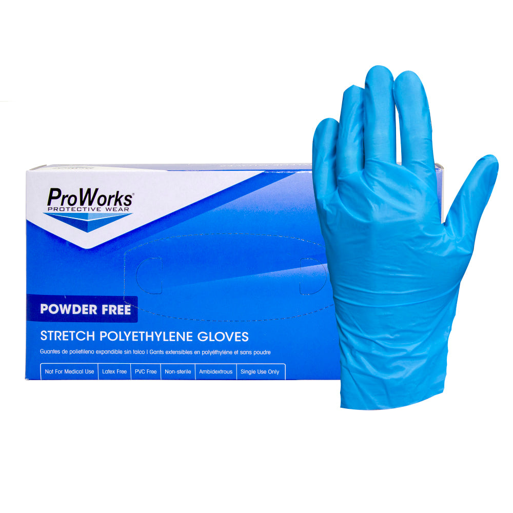 Hospeco ProWorks Stretch Polyethylene Gloves, Large, Blue, 200 Gloves Per Pack, 10 Packs Per Case