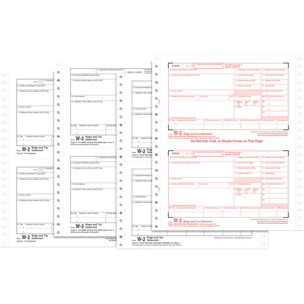 TOPS Carbonless Standard W-2 Tax Forms, 5 1/2in x 8 1/2in, 4-Part, White, Pack Of 24