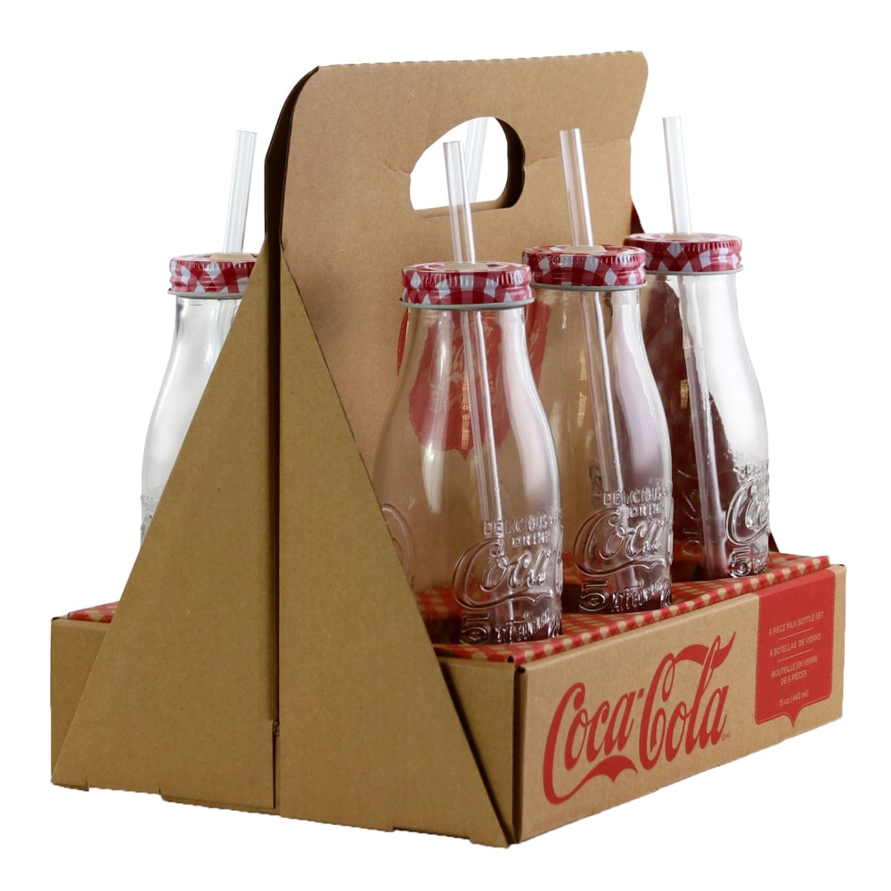 Coca-Cola Classic 6-Piece Drinking Glass Bottle Set, 15 Oz, Clear/Red