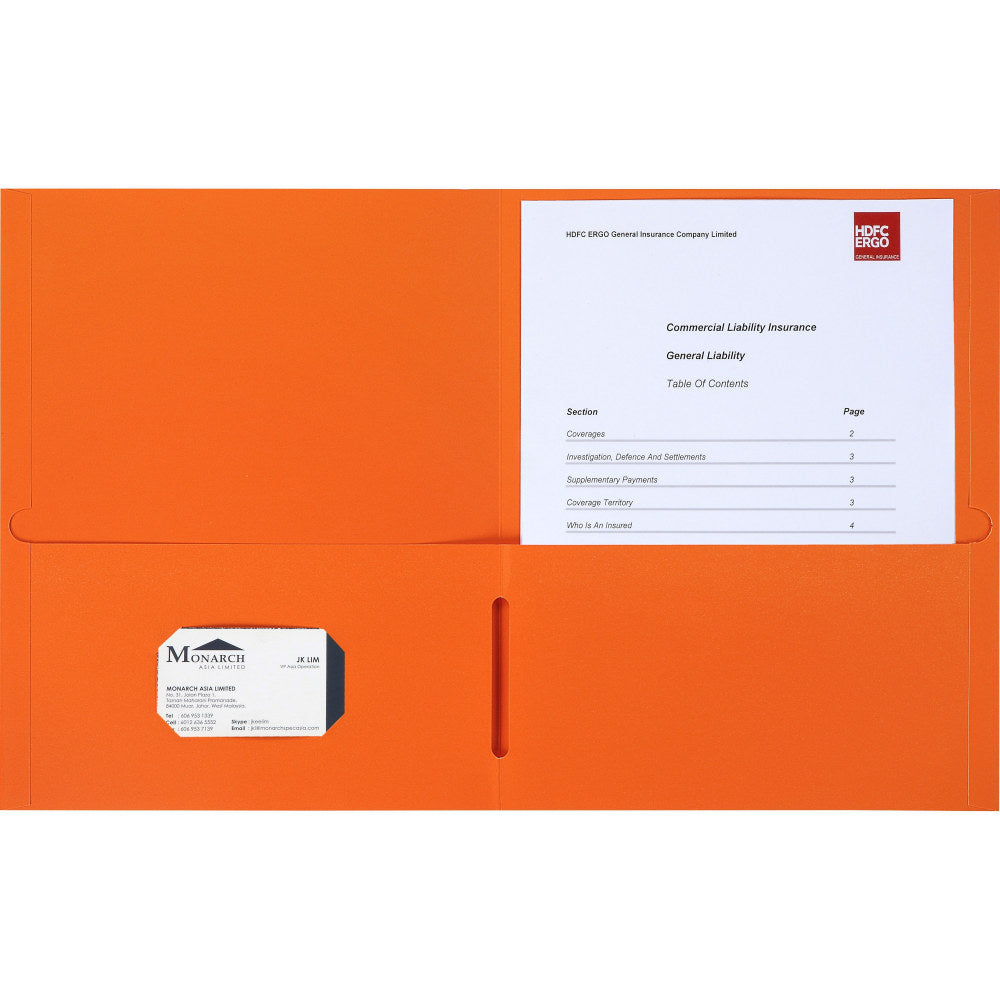 Business Source 8-1/2x11 Double Pocket Portfolio - Letter - 8 1/2in x 11in Sheet Size - 125 Sheet Capacity - Inside Front & Back Pocket(s) - Paper Stock - Orange - 25 / Box