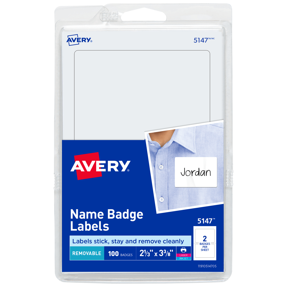 Avery Name Tags, 05147, 2-1/3in x 3-3/8in, White, 100 Removable Name Badges