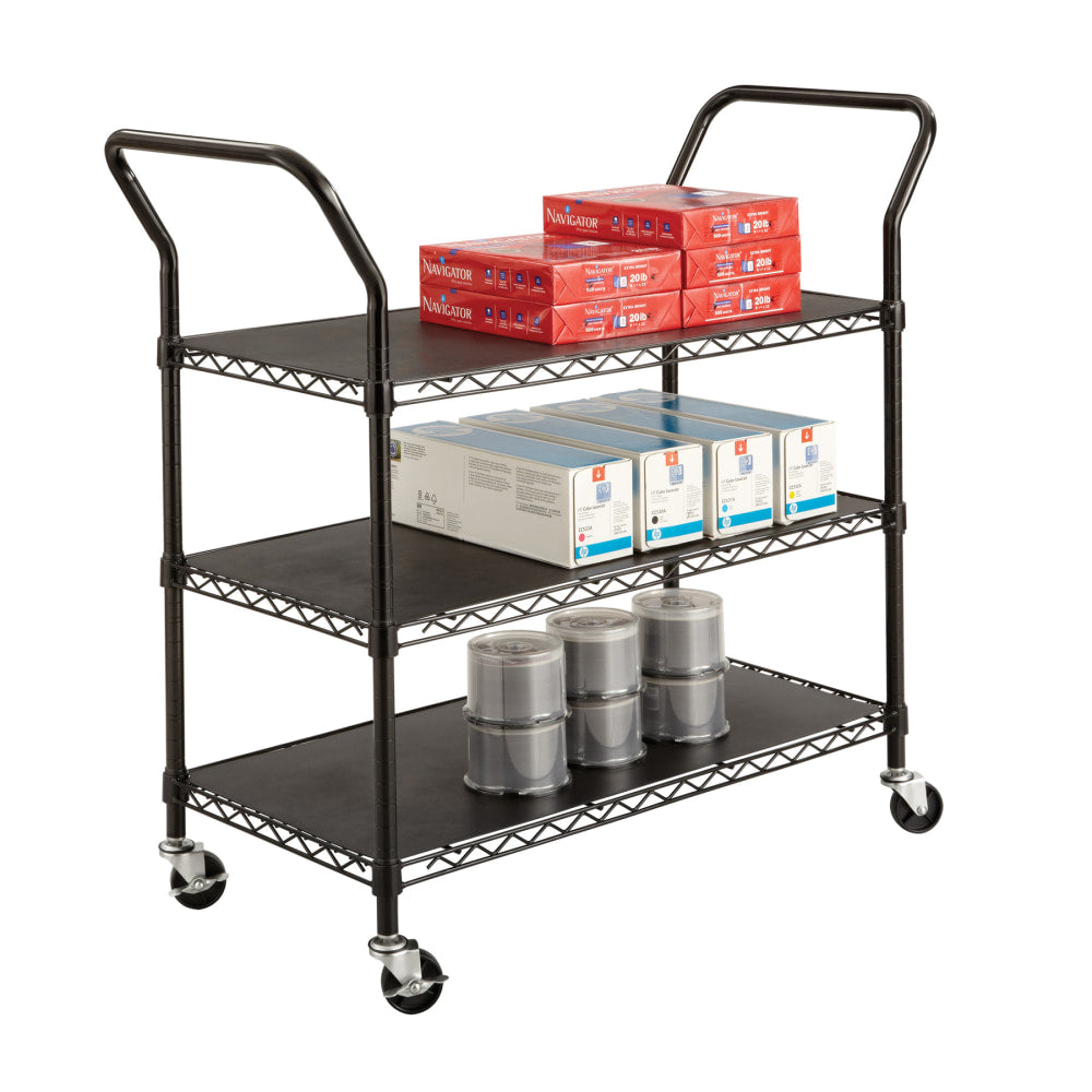 Safco Wire Utility Cart, 3 Shelves, 40 1/2inH x 43 3/4inW x 19 1/4inD, Black