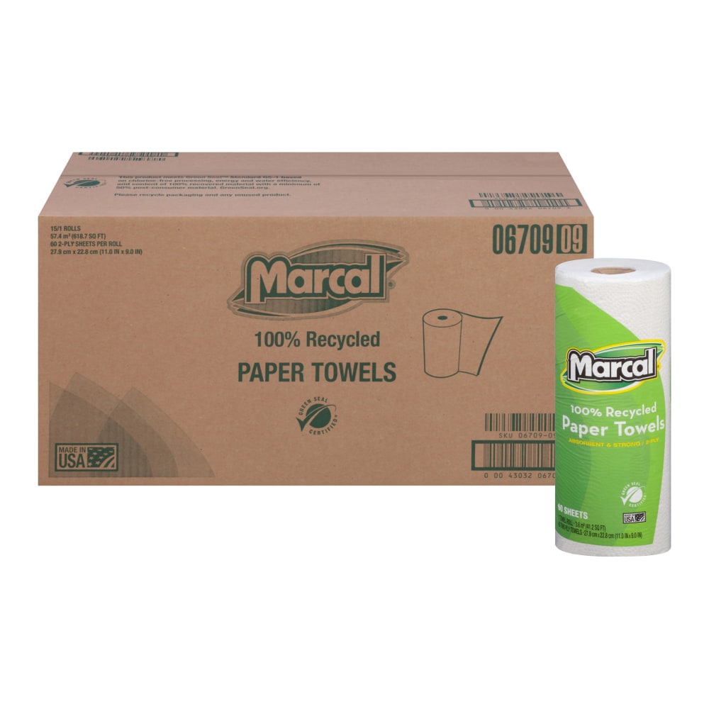 Marcal Small Steps 1-Ply Paper Towels, 100% Recycled, 60 Sheets Per Roll, Pack Of 15 Rolls