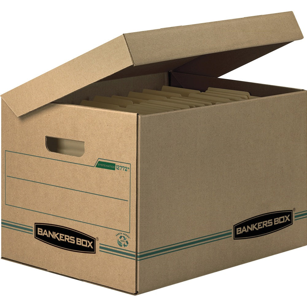 Bankers Box Systematic Standard-Duty Storage Boxes With Attached Lids And Built-In Handles, Letter/Legal Size, 10in x 12in x 15in, 100% Recycled, Kraft/Green, Case Of 12