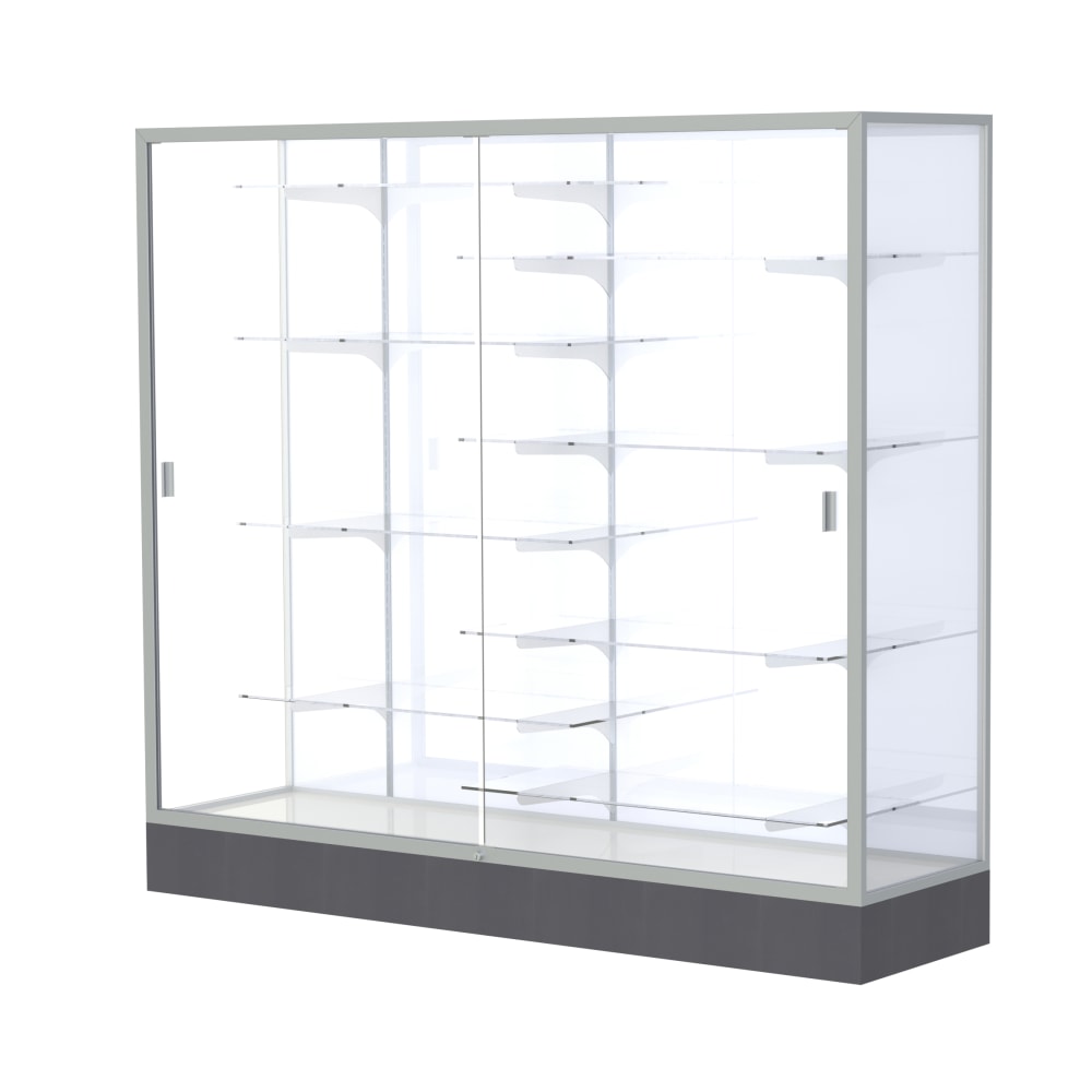 Waddell Colossus 8-Shelf Floor Display Case, 66inH x 72inW x 20inD, White Back/Satin Finish