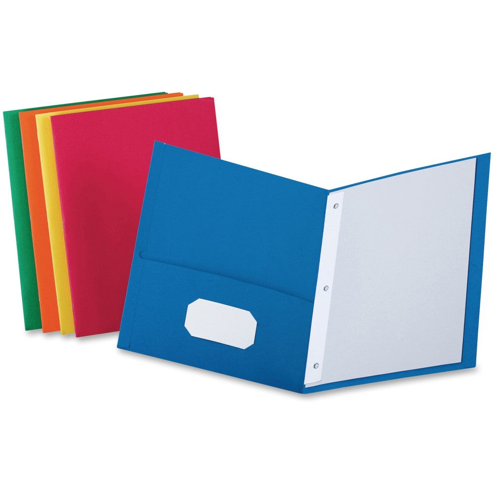 Oxford Twin Pocket 3-hole Fastener Folders - Letter - 8 1/2in x 11in Sheet Size - 3 Fastener(s) - 1/2in Fastener Capacity for Folder - 2 Inside Front & Back Pocket(s) - Leatherette Paper - Blue, Green, Yellow, Orange, Red - 25 / Box