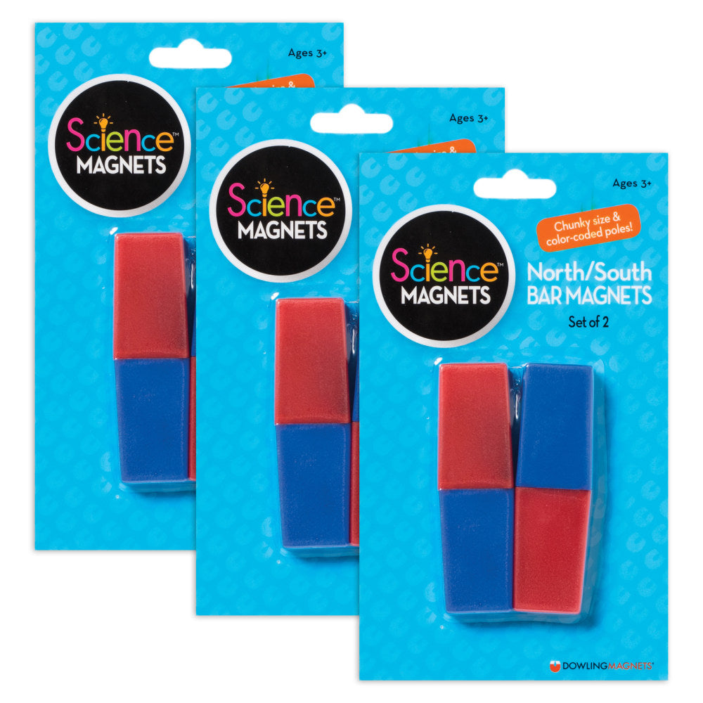 Dowling Magnets North/South Bar Magnets, 3in, Red/Blue Poles, 2 Magnets Per Pack, Set Of 3 Packs