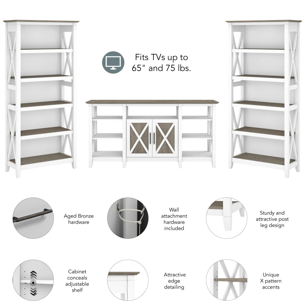 Bush Furniture Key West Tall TV Stand With Set Of 2 Bookcases, Shiplap Gray/Pure White, Standard Delivery