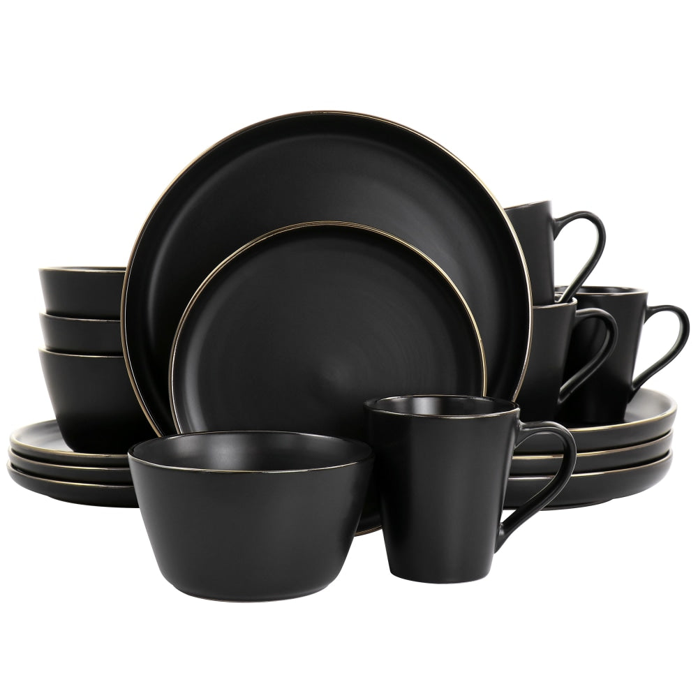 Elama Paul 16-Piece Stoneware Dinnerware Set, Matte Black/Gold