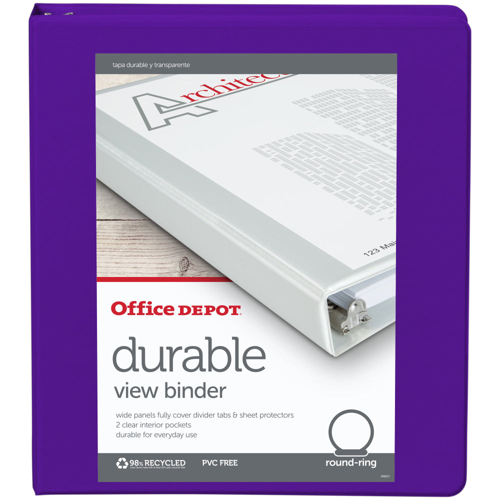 Office Depot Brand Durable View 3-Ring Binder, 1in Round Rings, Purple