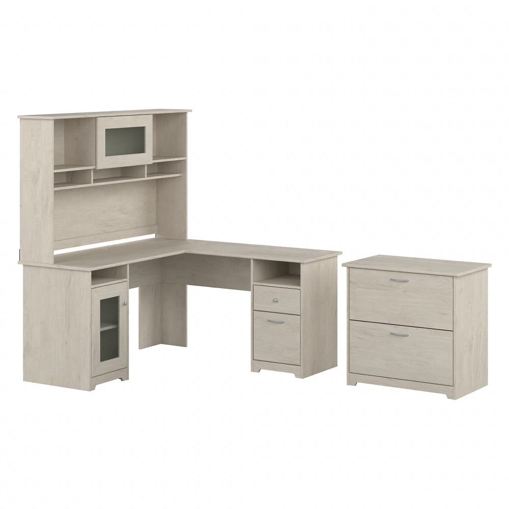 Bush Furniture Cabot 60inW L-Shaped Computer Desk With Hutch And Lateral File Cabinet, Linen White Oak, Standard Delivery