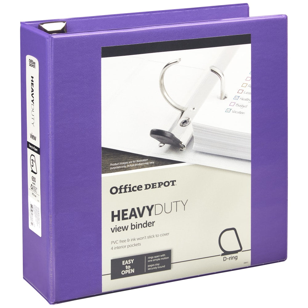 Office Depot Heavy-Duty View 3-Ring Binder, 3in D-Rings, Purple