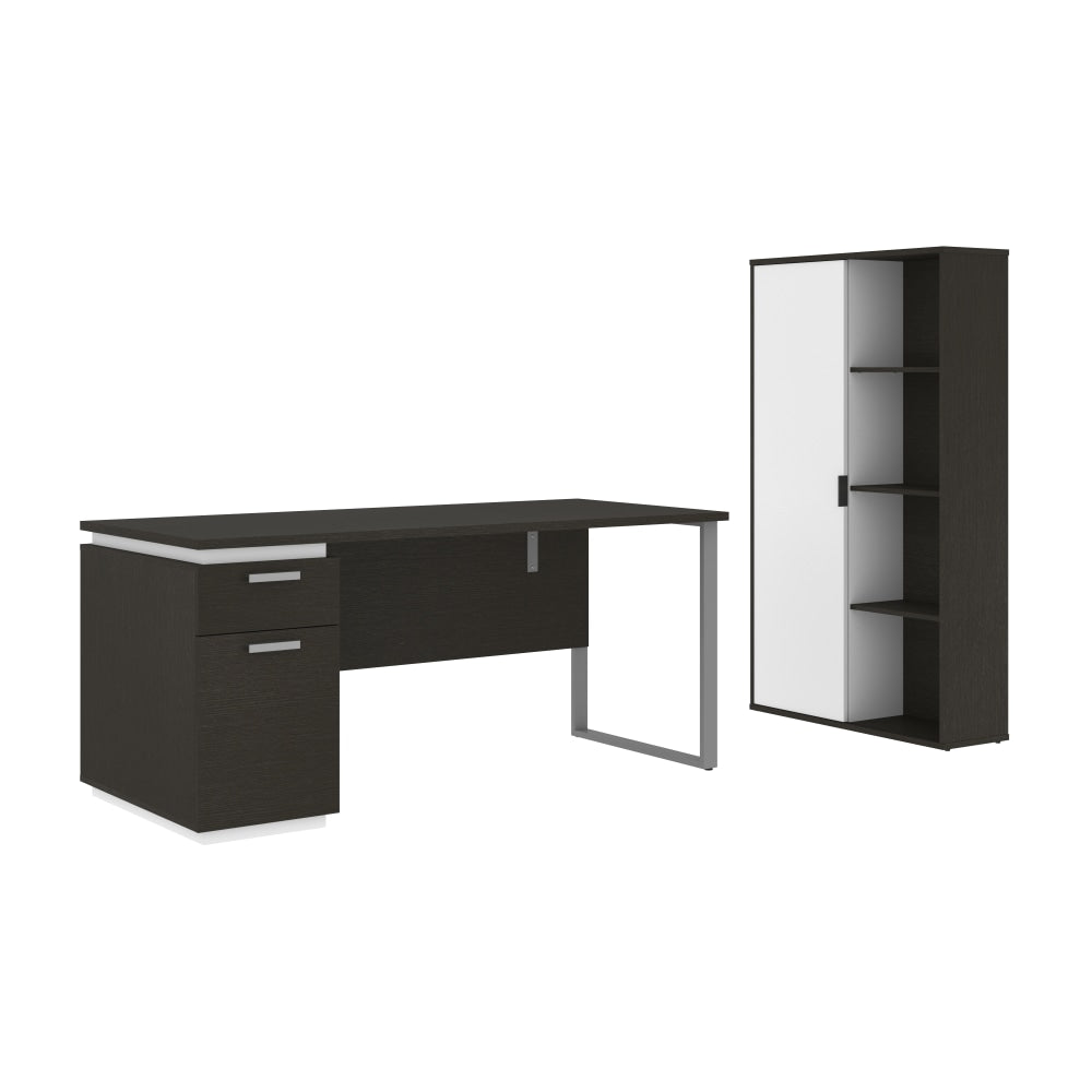 Bestar Aquarius 66inW Computer Desk With Single Pedestal And Storage Cabinet, Deep Gray And White