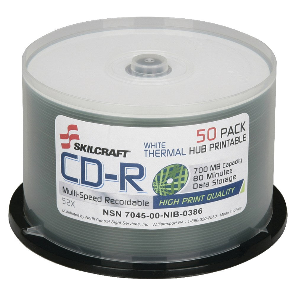 SKILCRAFT Thermal Printable 52x CD-R Discs, 50-Pack Spindle (AbilityOne 7045-01-626-9521)