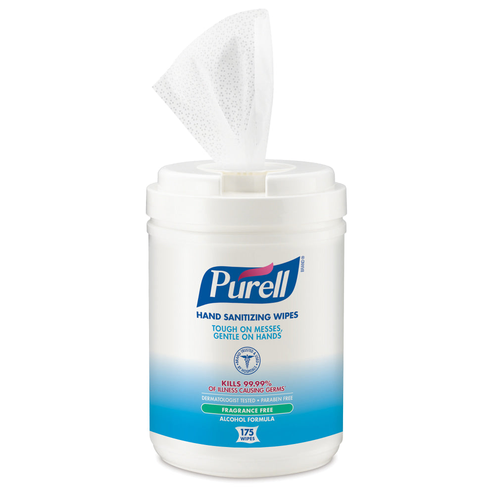 PURELL Alcohol Hand Sanitizing Wipes - 6in x 7in - White - Residue-free, Dye-free, Fragrance-free, Non-sticky, Non-irritating, Non-irritating, Hypoallergenic, Durable, Pre-moistened, Lint-free, Textured - For Hand - 175 Per Canister - 6 / Carton