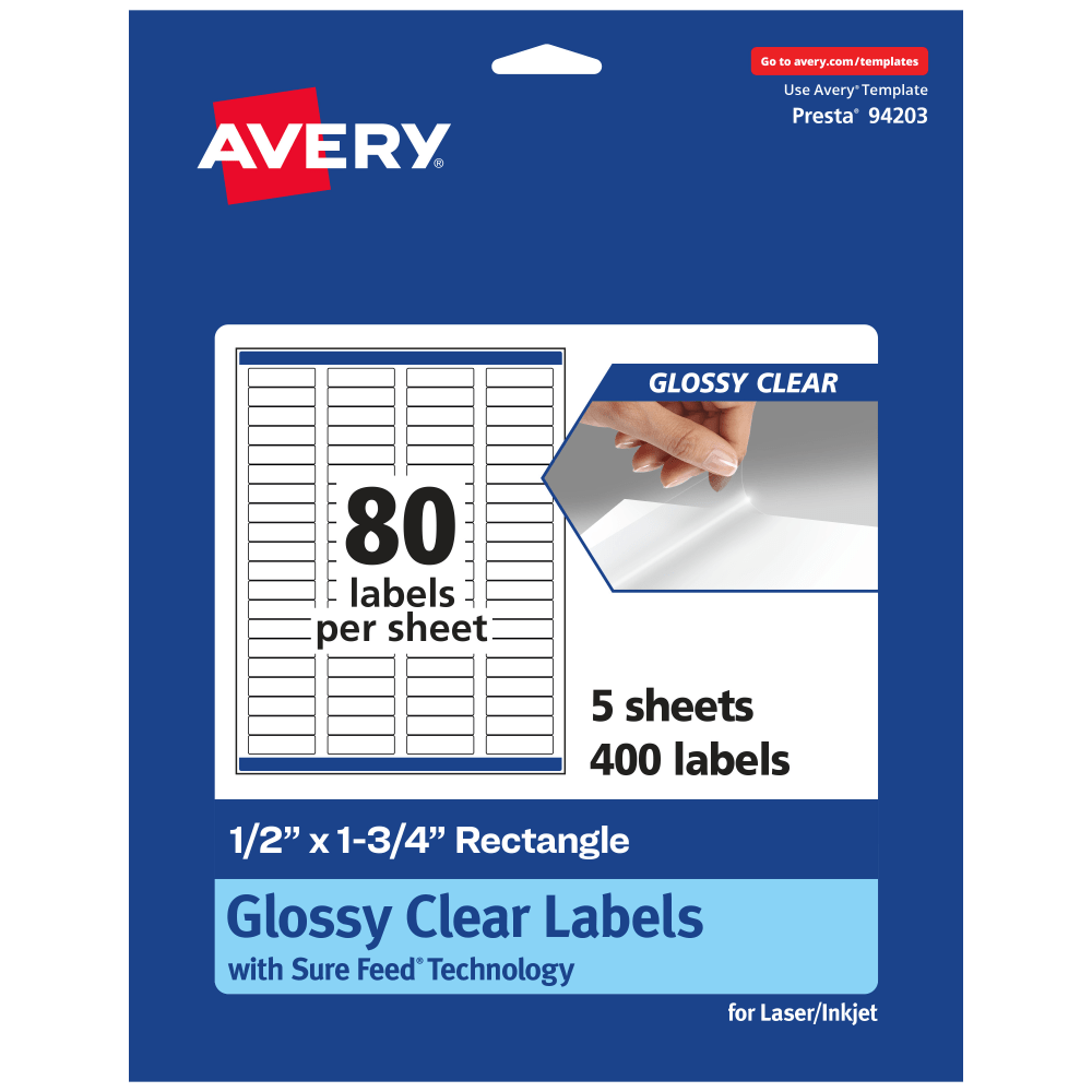 Avery Glossy Permanent Labels With Sure Feed, 94203-CGF5, Rectangle, 1/2in x 1-3/4in, Clear, Pack Of 400