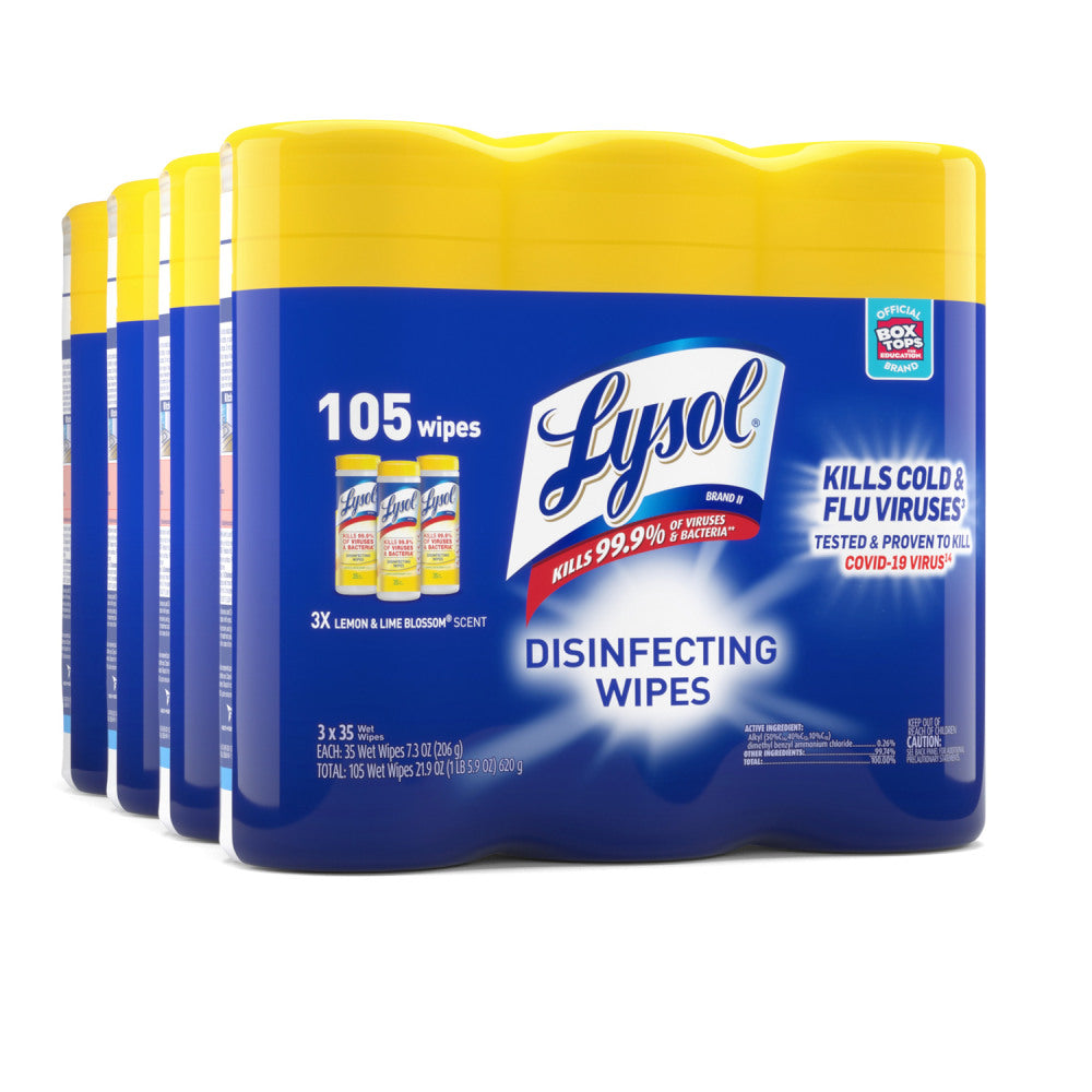 Lysol Disinfecting Wipes, 7in x 7-1/4in, Lemon Scent, 35 Wipes Per Canister, Carton Of 12 Canisters