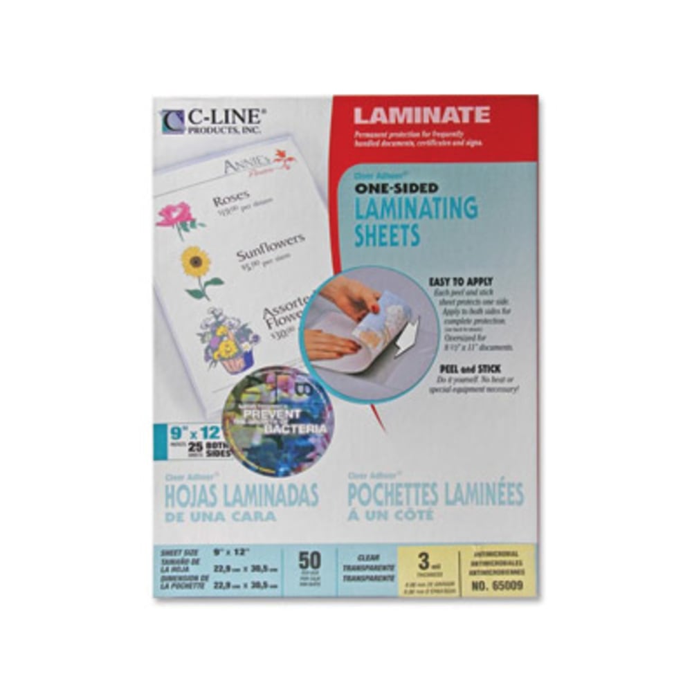 C-Line Cleer Adheer Laminating Sheets with Antimicrobial Protection - Clear, One-Sided, 9 x 12, 50/BX, 65009