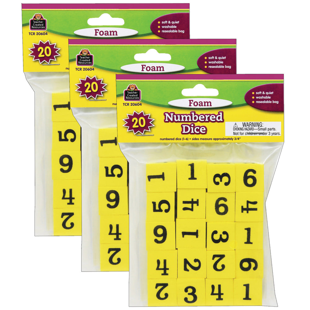 Teacher Created Resources Foam Numbered Dice, 3/4in, Yellow, Grades K-4, 20 Dice Per Pack, Case Of 3 Packs