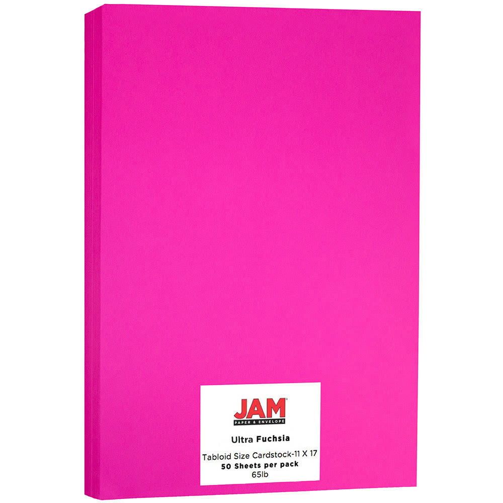 JAM Paper Card Stock, Fuchsia, Ledger (11in x 17in), 65 Lb, 30% Recycled, Pack Of 50