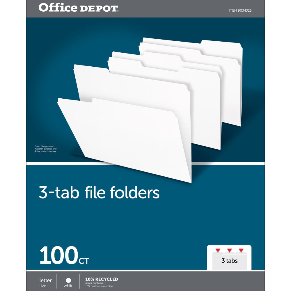 Office Depot Brand File Folders, 1/3 Cut, Letter Size, White, Box Of 100 Folders